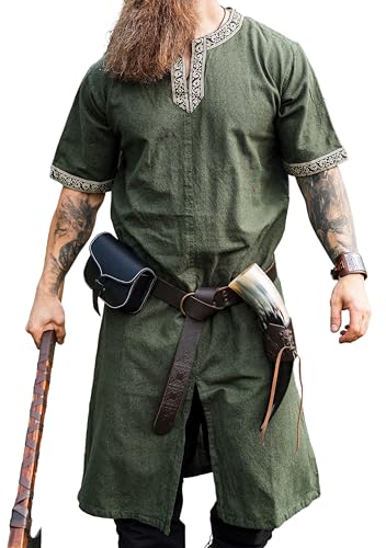 Leonardo Carbone® Kurzarm Tunika Richard - Mittelalter Kleidung Herren, Mittelalter Hemd, Freizeithemden Kurzarm, Karneval Kostüm Herren, Wikinger Tunika, LARP Kleidung - 100% Baumwolle Grün XL von Leonardo Carbone