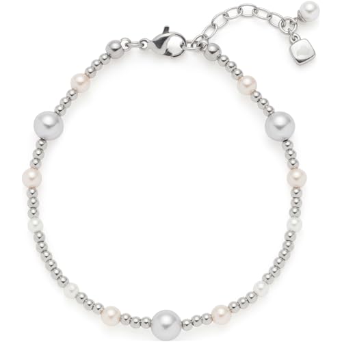 JEWELS BY LEONARDO Armband Elsana, Arm-Schmuck aus silberfarbenem Edelstahl, Imitationsperlen in Weiß, Creme und Hellgrau, 18-21 cm Länge, Schmuck Damen, 024334 von JEWELS BY LEONARDO