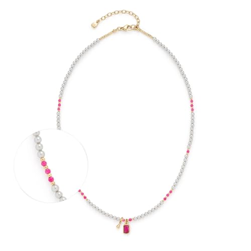 JEWELS BY LEONARDO Halskette Ciao Pinky • kurze Perlen-Kette aus goldfarbenem Edelstahl • graue Imitations- und Glasperlen in kräftigem Pink • 42-47 cm Länge • Schmuck Geschenk für Frauen • 024974 von JEWELS BY LEONARDO
