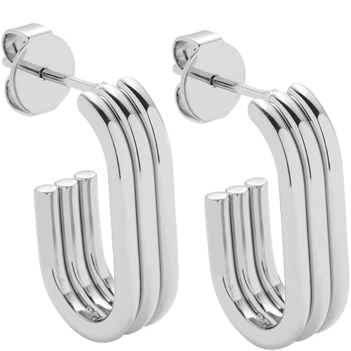 JEWELS BY LEONARDO Ohrstecker Elisabeth • 1 Paar Steck-Creolen aus silberfarbenem Edelstahl • klare Rillen-Form im Dreiviertel-Langovals • Schmuck Geschenk für Frauen • 024890 von JEWELS BY LEONARDO