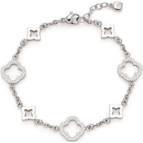 Leonardo Jewels Armband Norma, Armkettchen aus Edelstahl, Kleeblatt-Elemente besetzt mit Zirkonia-Steinchen, 18-20 cm Länge, Schmuck Geschenk, 023527 von Leonardo Jewels