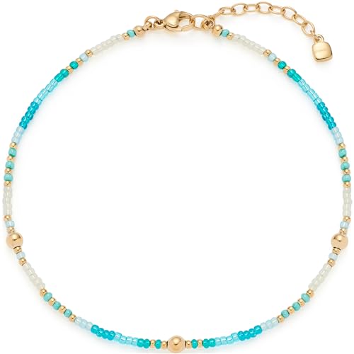 Leonardo Jewels Fußkettchen Ciao Happy, Fuss-Kette aus Edelstahl mit winzigen Aqua-Türkis-Glasperlen, gold, 24-28 cm Länge, Geschenk Damen, 023860 von Leonardo Jewels