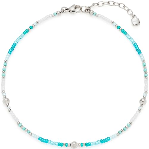 Leonardo Jewels Fußkettchen Ciao Happy, Fuss-Kette aus Edelstahl mit winzigen Aqua-Türkis-Glasperlen, silber, 24-28 cm Länge, Geschenk Damen, 023859 von Leonardo Jewels