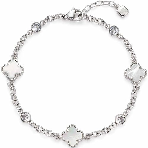 Leonardo Jewels Minelli Damen Armband aus Edelstahl mit Kleeblatt Anhänger aus Perlmutt und Zirkonia Steinen, Länge 18,5-20,5 cm, Schmuck Geschenk 023195 von Leonardo Jewels