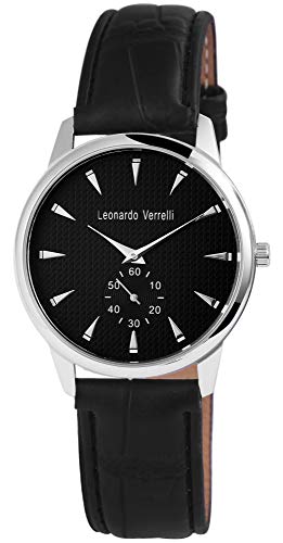 LEONARDO VERRELLI Unisex –Uhr Lederimitations Armbanduhr Analog Quarz 2910003 (Schwarz/Silberfarben/Schwarz) von LEONARDO VERRELLI