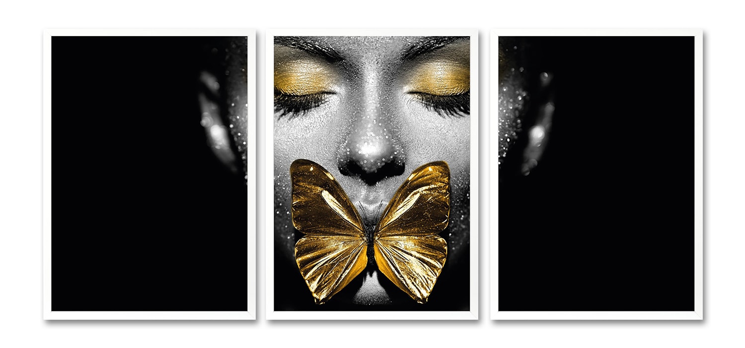 Leonique Bild mit Rahmen "Gesicht Schmetterling Gold - Gerahmter Digitaldruck - Wandbild", (3er-Set) von Leonique