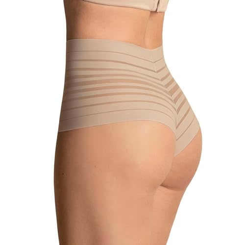 Leonisa Damen String Tanga Unterhose - Shapewear Miederhose mit Bauchweg Effekt-Beige-L von Leonisa