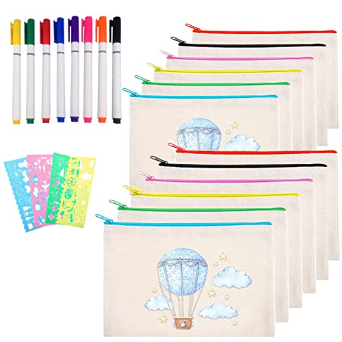 Stoffbeutel zum Bemalen, 12 Stück Blanko Stoffbeutel mit Reißverschluss, 4 Schablonen Malen, 8 Buntstiften, 21 X 12 Cm, Verfügbar für DIY, Zur Aufbewahrung von Schreibwaren, Kosmetik, Kleinigkeiten von Leonshco