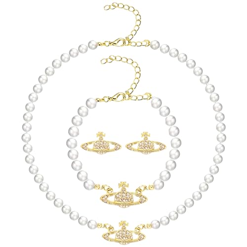 3 Stück Perlenkette Damen Armband Ohrringe, Künstliche Saturn Kette, Damen Perlen Kette, Mode und Einfache Legierung Planet Kette Perlenkette mit Anhänger, Geschenk für Mädchen, Frau, Liebhaber von Leonshco