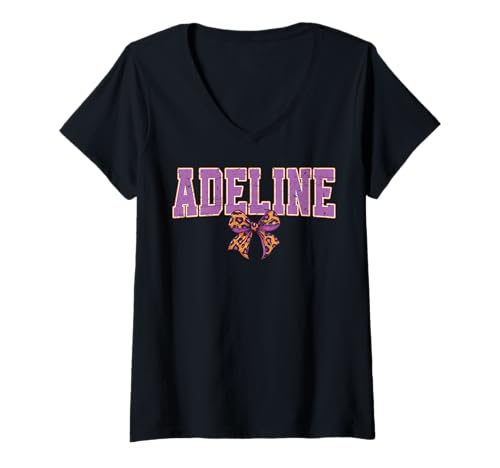 Damen Adeline Leopard Bow Trendy Name Design für Frauen und T-Shirt mit V-Ausschnitt Damen Adeline Leopard Bow Trendy Name Design für Frauen und T-Shirt mit V-Ausschnitt von Leopard Bow Custom Girls nennt Geburtstag cooles T