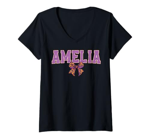 Damen Amelia Leopard Bow Trendy Name Design für Frauen und Mädchen T-Shirt mit V-Ausschnitt von Leopard Bow Custom Girls nennt Geburtstag cooles T