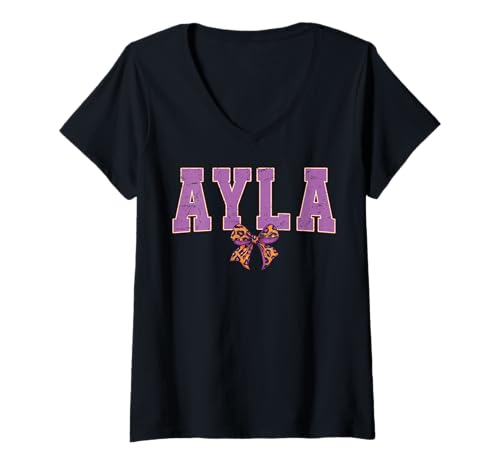 Damen Ayla Leopard Bow Trendy Name Design für Frauen und Mädchen T-Shirt mit V-Ausschnitt von Leopard Bow Custom Girls nennt Geburtstag cooles T