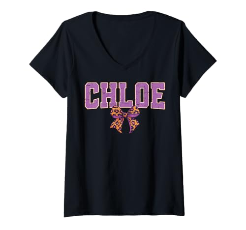 Damen Chloe Leopard Bow Trendy Name Design für Frauen und Mädchen T-Shirt mit V-Ausschnitt Damen Chloe Leopard Bow Trendy Name Design für Frauen und Mädchen T-Shirt mit V-Ausschnitt von Leopard Bow Custom Girls nennt Geburtstag cooles T