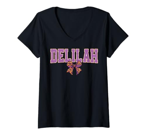 Damen Delilah Leopard Bow Trendy Name Design für Frauen und T-Shirt mit V-Ausschnitt Damen Delilah Leopard Bow Trendy Name Design für Frauen und T-Shirt mit V-Ausschnitt von Leopard Bow Custom Girls nennt Geburtstag cooles T