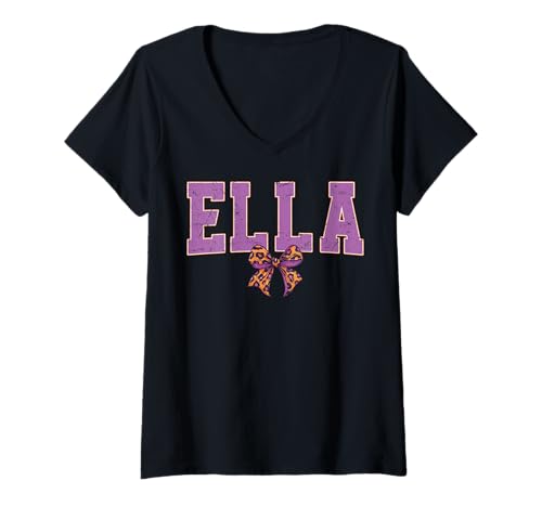 Damen Ella Leopard Bow Trendy Name Design für Frauen und Mädchen T-Shirt mit V-Ausschnitt von Leopard Bow Custom Girls nennt Geburtstag cooles T