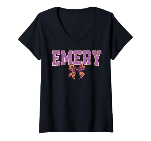Damen Emery Leopard Bow Trendy Name Design für Frauen und Mädchen T-Shirt mit V-Ausschnitt von Leopard Bow Custom Girls nennt Geburtstag cooles T
