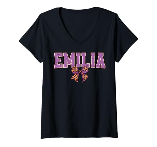 Damen Emilia Leopard Bow Trendy Name Design für Frauen und Mädchen T-Shirt mit V-Ausschnitt Damen Emilia Leopard Bow Trendy Name Design für Frauen und Mädchen T-Shirt mit V-Ausschnitt von Leopard Bow Custom Girls nennt Geburtstag cooles T