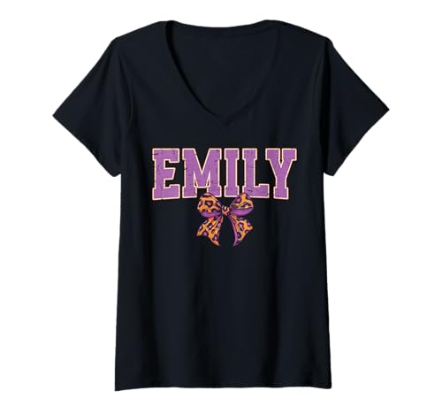 Damen Emily Leopard Bow Trendy Name Design für Frauen und Mädchen T-Shirt mit V-Ausschnitt Damen Emily Leopard Bow Trendy Name Design für Frauen und Mädchen T-Shirt mit V-Ausschnitt von Leopard Bow Custom Girls nennt Geburtstag cooles T