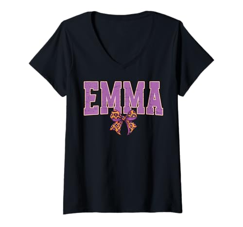 Damen Emma Leopard Bow Trendy Name Design für Frauen und Mädchen T-Shirt mit V-Ausschnitt von Leopard Bow Custom Girls nennt Geburtstag cooles T