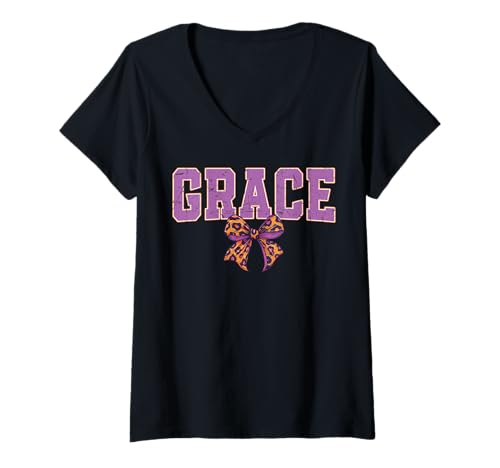 Damen Grace Leopard Bow Trendy Name Design für Frauen und Mädchen T-Shirt mit V-Ausschnitt Damen Grace Leopard Bow Trendy Name Design für Frauen und Mädchen T-Shirt mit V-Ausschnitt von Leopard Bow Custom Girls nennt Geburtstag cooles T