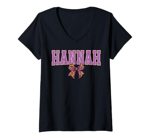 Damen Hannah Leopard Bow Trendy Name Design für Frauen und Mädchen T-Shirt mit V-Ausschnitt von Leopard Bow Custom Girls nennt Geburtstag cooles T