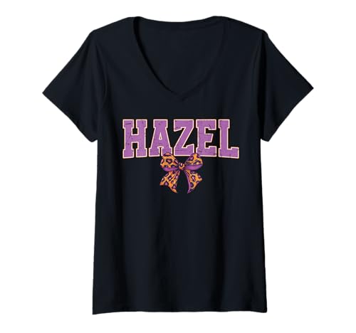 Damen Hazel Leopard Bow Trendy Name Design für Frauen und Mädchen T-Shirt mit V-Ausschnitt von Leopard Bow Custom Girls nennt Geburtstag cooles T