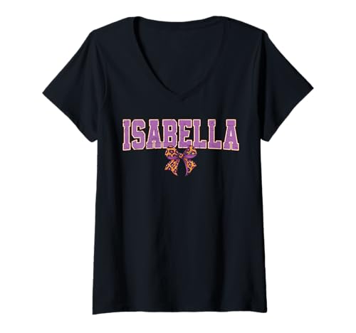 Damen Isabella Leopard Bow Trendy Name Design für Frauen und T-Shirt mit V-Ausschnitt von Leopard Bow Custom Girls nennt Geburtstag cooles T