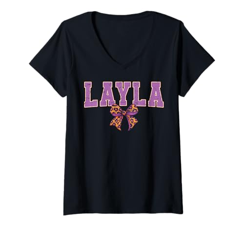 Damen Layla Leopard Bow Trendy Name Design für Frauen und Mädchen T-Shirt mit V-Ausschnitt von Leopard Bow Custom Girls nennt Geburtstag cooles T