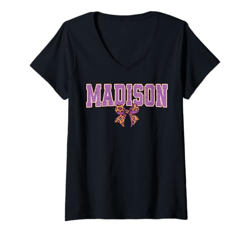 Damen Madison Leopard Bow Trendy Name Design für Frauen und T-Shirt mit V-Ausschnitt von Leopard Bow Custom Girls nennt Geburtstag cooles T