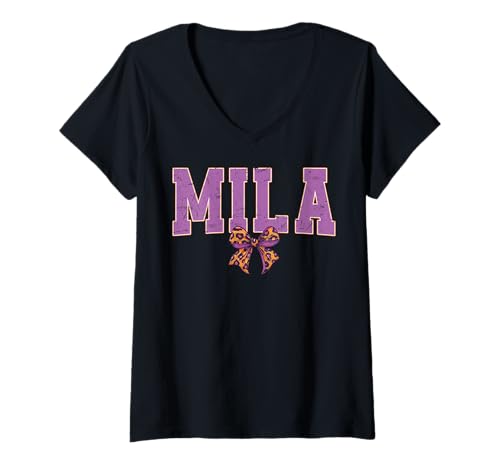 Damen Mila Leopard Bow Trendy Name Design für Frauen und Mädchen T-Shirt mit V-Ausschnitt Damen Mila Leopard Bow Trendy Name Design für Frauen und Mädchen T-Shirt mit V-Ausschnitt von Leopard Bow Custom Girls nennt Geburtstag cooles T