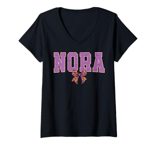 Damen Nora Leopard Bow Trendy Name Design für Frauen und Mädchen T-Shirt mit V-Ausschnitt von Leopard Bow Custom Girls nennt Geburtstag cooles T