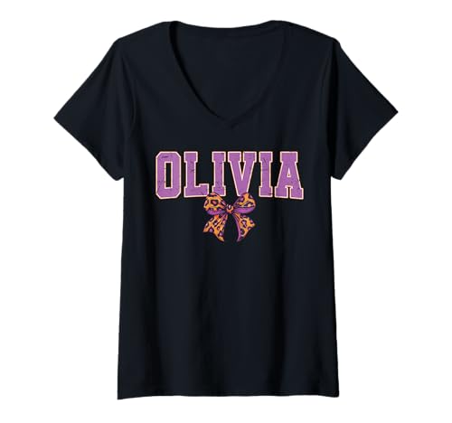 Damen Olivia Leopard Bow Trendy Name Design für Frauen und Mädchen T-Shirt mit V-Ausschnitt Damen Olivia Leopard Bow Trendy Name Design für Frauen und Mädchen T-Shirt mit V-Ausschnitt von Leopard Bow Custom Girls nennt Geburtstag cooles T