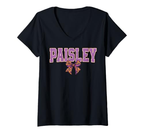 Damen Paisley Leopard Bow Trendy Name Design für Frauen und T-Shirt mit V-Ausschnitt von Leopard Bow Custom Girls nennt Geburtstag cooles T
