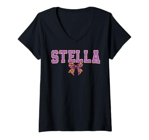 Damen Stella Leopard Bow Trendy Name Design für Frauen und Mädchen T-Shirt mit V-Ausschnitt von Leopard Bow Custom Girls nennt Geburtstag cooles T