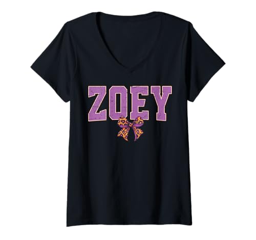 Damen Zoey Leopard Bow Trendy Name Design für Frauen und Mädchen T-Shirt mit V-Ausschnitt von Leopard Bow Custom Girls nennt Geburtstag cooles T