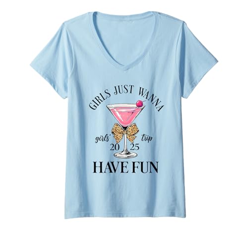 Damen Girl's Trip 2025 Trinkparty Girls Just Wanna Have Fun T-Shirt mit V-Ausschnitt Damen Girl's Trip 2025 Trinkparty Girls Just Wanna Have Fun T-Shirt mit V-Ausschnitt von Leopard Bow Wine Girls Trip 2025 Womens Weekend