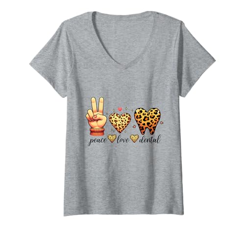 Damen Niedlicher Leopardenmuster Peace Love Dental T-Shirt mit V-Ausschnitt Damen Niedlicher Leopardenmuster Peace Love Dental T-Shirt mit V-Ausschnitt von Leopard Dental Chic