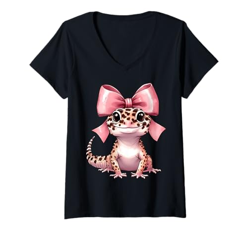 Damen Kokette Schleife Leopard Gecko Mama Rosa Muttertag Mama Mädchen T-Shirt mit V-Ausschnitt von Leopard Gecko Coquette Aesthetic Girl Women Gifts