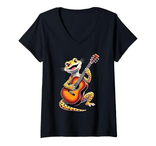 Damen Lustiges Leoparden-Gecko-Spielgitarren-Design für Musikliebhaber T-Shirt mit V-Ausschnitt Damen Lustiges Leoparden-Gecko-Spielgitarren-Design für Musikliebhaber T-Shirt mit V-Ausschnitt von Leopard Gecko Lovers Designs