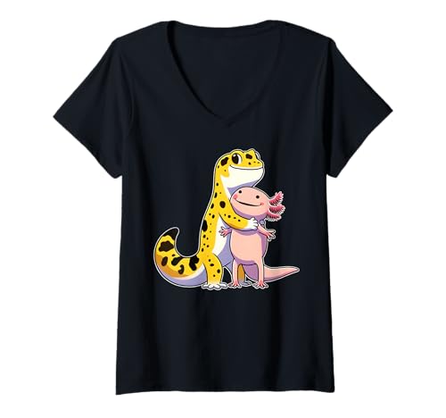 Damen Axolotl & Gecko Lover Gifts - Leopard Gecko Hugging Axolotl T-Shirt mit V-Ausschnitt Damen Axolotl & Gecko Lover Gifts - Leopard Gecko Hugging Axolotl T-Shirt mit V-Ausschnitt von Leopard Gecko and Axolotl Gifts Co.