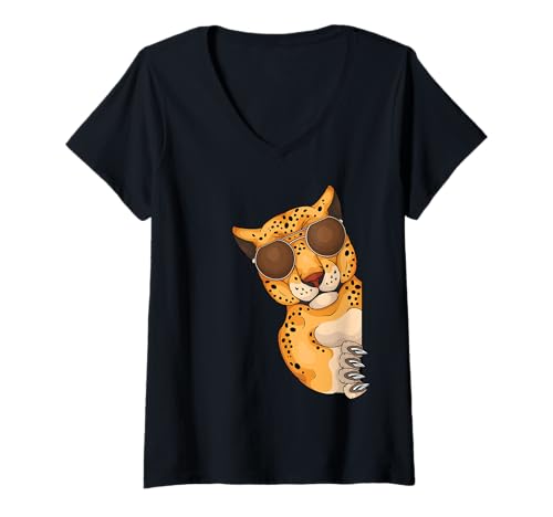 Damen Leopard mit Sonnenbrille Leopard Lover Kinder Leopard T-Shirt mit V-Ausschnitt von Leopard Gifts For Men & Women