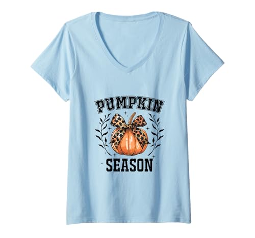 Damen Süße Coquette Bows Kürbissaison Happy Herbst Herbst Leopard T-Shirt mit V-Ausschnitt von Leopard Graphic Pumpkin Fall Vibe Thanksgiving