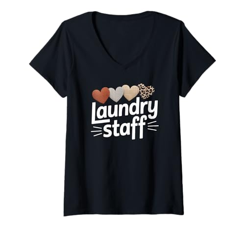 Damen Lustiger Wäschestab Spruch Humorvolle Arbeit Humor Frauen Männer T-Shirt mit V-Ausschnitt von Leopard Heart Laundry Team Uniform Worker Mom