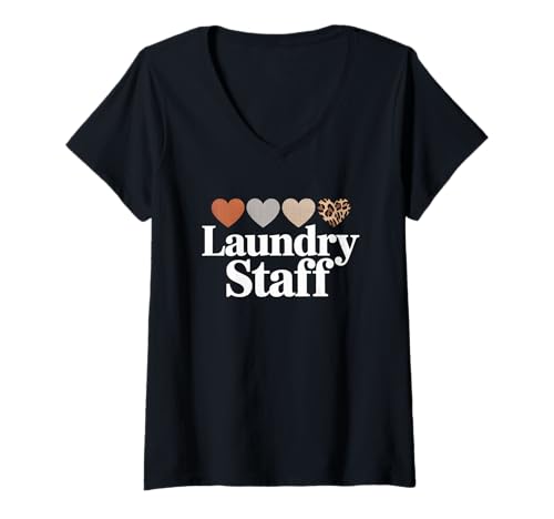 Damen Lustiger Wäschestab Spruch Humorvolle Arbeit Humor Frauen Männer T-Shirt mit V-Ausschnitt von Leopard Heart Laundry Team Uniform Worker Mom