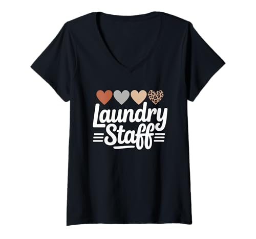 Damen Lustiger Wäschestab Spruch Humorvolle Arbeit Humor Frauen Männer T-Shirt mit V-Ausschnitt von Leopard Heart Laundry Team Uniform Worker Mom