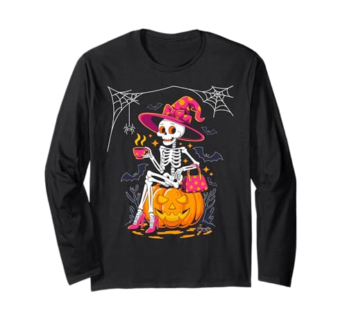 Cute Skeleton Drinking Coffee Lover Halloween Costumes Women Langarmshirt Cute Skeleton Drinking Coffee Lover Halloween Costumes Women Langarmshirt von Leopard Skeleton Halloween Costumes Tees Womens