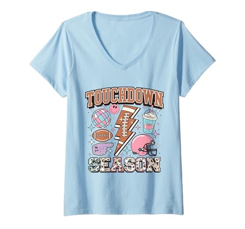 Damen Niedliches Leopardenmuster, Touchdown-Saison, Fußball-Mam-Spieltags-Geschenk T-Shirt mit V-Ausschnitt von Leopard Touchdown Season Football Mom Gifts