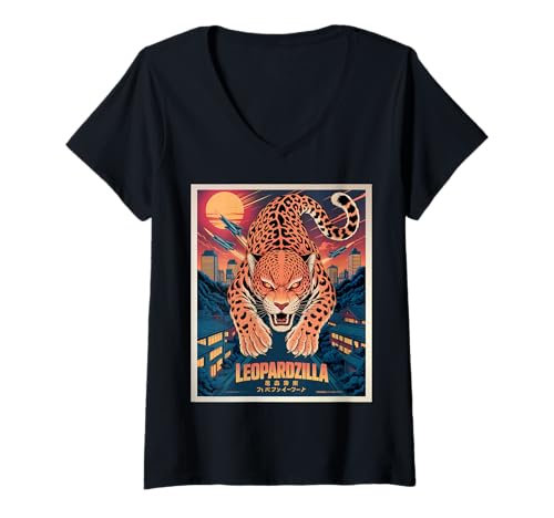 Damen Lustiges Leopardzilla Leopard T-Shirt mit V-Ausschnitt Damen Lustiges Leopardzilla Leopard T-Shirt mit V-Ausschnitt von Leoparden Geschenke Herren Damen Jungen Mädchen