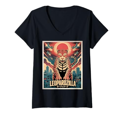 Damen Lustiges Leopardzilla Leopard T-Shirt mit V-Ausschnitt Damen Lustiges Leopardzilla Leopard T-Shirt mit V-Ausschnitt von Leoparden Geschenke Herren Damen Jungen Mädchen