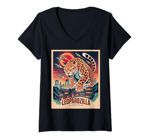 Damen Lustiges Leopardzilla Leopard T-Shirt mit V-Ausschnitt Damen Lustiges Leopardzilla Leopard T-Shirt mit V-Ausschnitt von Leoparden Geschenke Herren Damen Jungen Mädchen